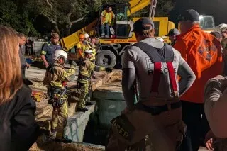 جهود إنقاذ خروف البحر في ملبورن بيتش بفلوريدا، حيث يتجمع فريق من المنقذين حول مصرف مياه الأمطار باستخدام معدات إنقاذ.