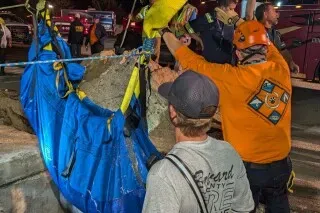 جهود إنقاذ خروف البحر في فلوريدا، حيث يعمل فريق من المتخصصين على إخراجه من مصرف مياه الأمطار باستخدام معدات خاصة.