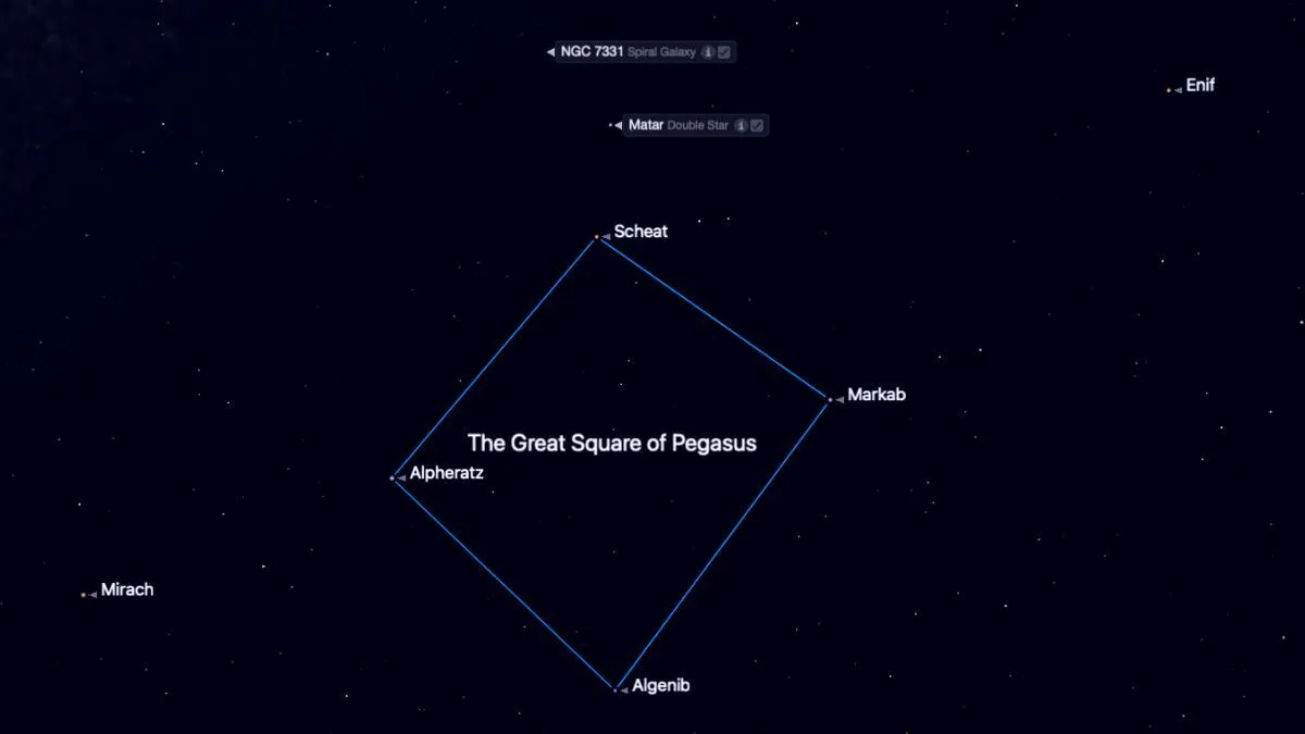 موقع كوكبة فرس الأكبر مع مربع فرس الأكبر الكبير وموقع مجرة NGC 7331 التي شهدت انفجار المستعر الأعظم SN 2026aaiv.
