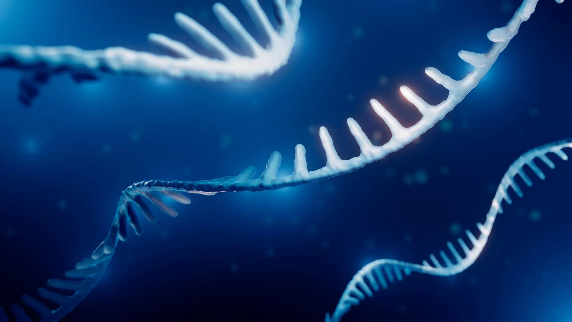 خيوط RNA متوهجة تعبر خلفية زرقاء تمثل دراسة الجينوم الجزيئي لفهم الشيخوخة البيولوجية الفردية وتغير نشاط الجينات.