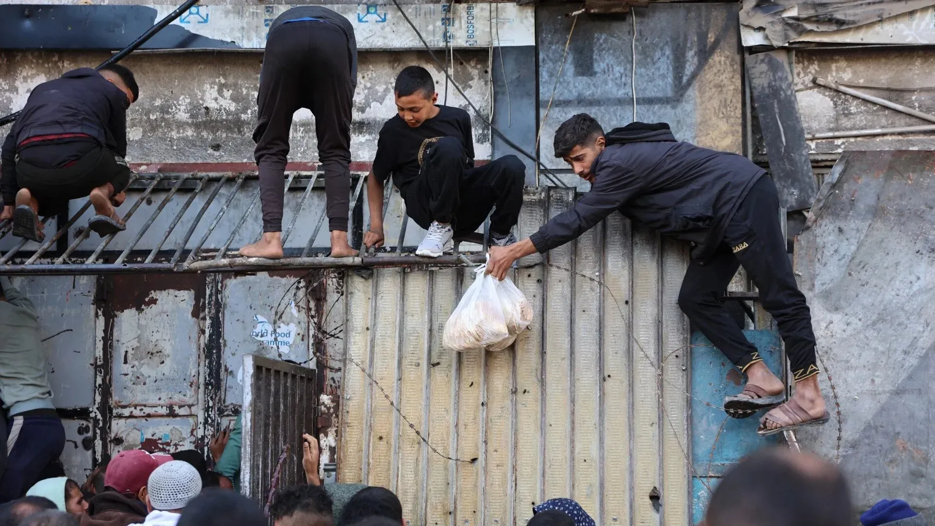 شبان يتسلقون على سور للحصول على الخبز من مخبز في غزة، وسط حشود كبيرة تعكس أزمة نقص الغذاء والوقود.