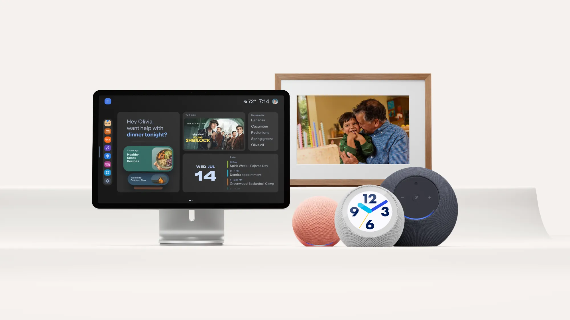 تشكيلة أجهزة أمازون Alexa الجديدة تشمل إطار صور رقمي بحجم 10 بوصات، ومنبّه ذكي لغرفة النوم، ومكبرات صوت Echo متعددة الألوان مع شاشة عرض ذكية.