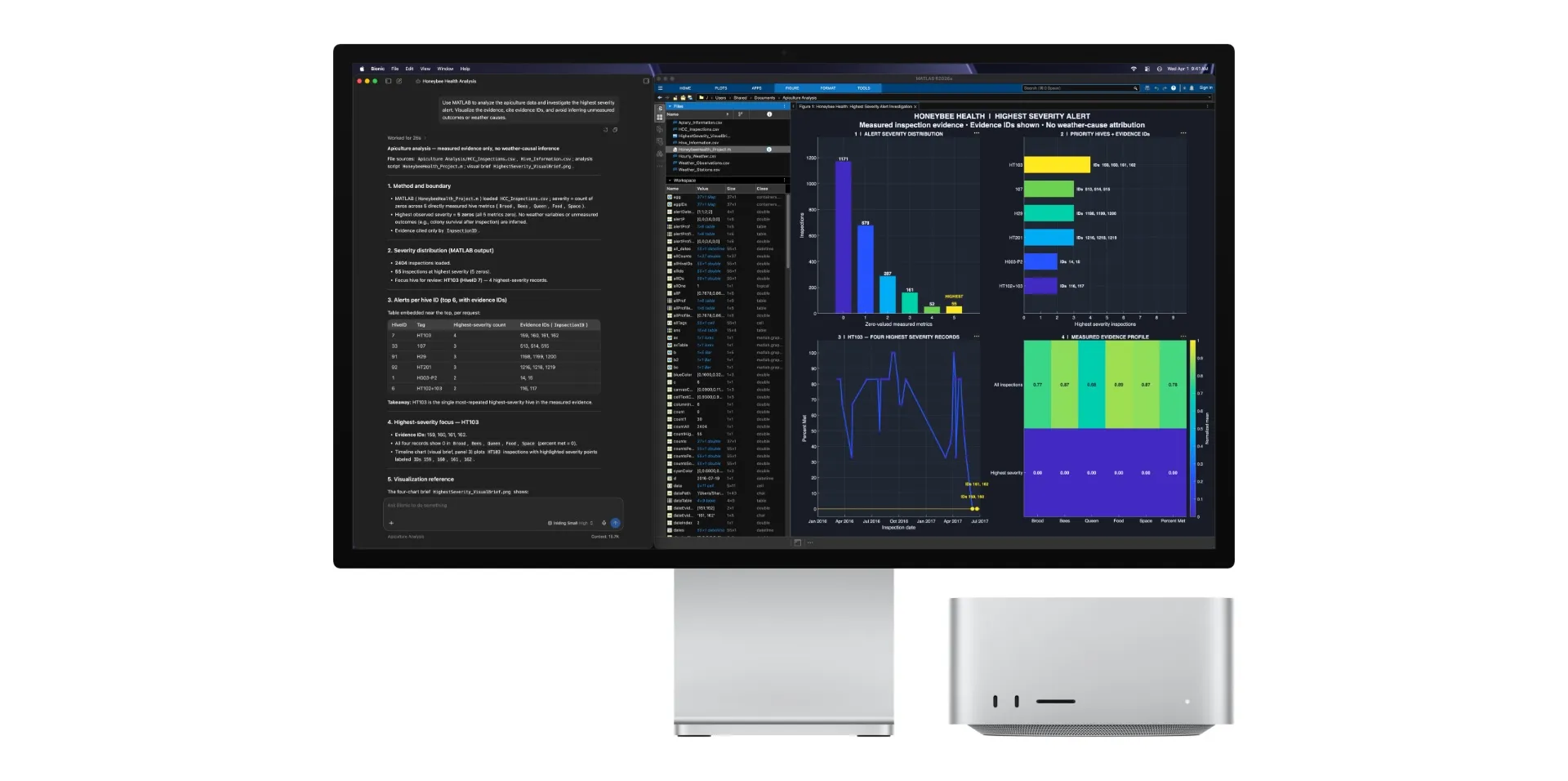 حاسوب Mac Studio الجديد بشريحة M5 Ultra مع شاشة عرض تعرض بيانات ورسوم بيانية، مخصص للاستدلال المحلي على نماذج الذكاء الاصطناعي بأداء عالي.