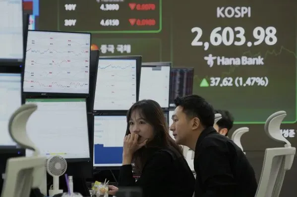 متداولان يراقبان شاشات الأسهم في سوق كوسبي بكوريا الجنوبية، حيث يظهر ارتفاع المؤشر بنسبة 1.47% وسط تحسن في الأسواق الآسيوية.