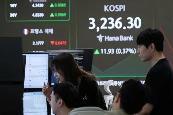 مستثمرون يتابعون أداء سوق الأسهم في كوريا الجنوبية، مع ظهور بيانات مؤشر كوسبي على الشاشة، وسط تباين في الأسواق الآسيوية.