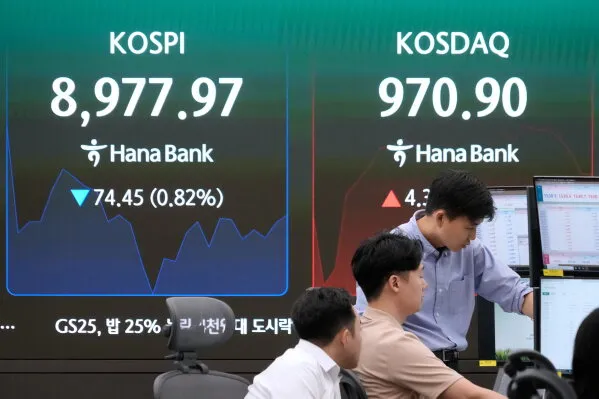 مؤشر كوسبي الكوري الجنوبي يظهر انخفاضًا بنسبة 0.82% عند 8,977.97 نقطة، بينما مؤشر كوسداك عند 970.90 نقطة، مع تفاعل المتداولين في السوق.