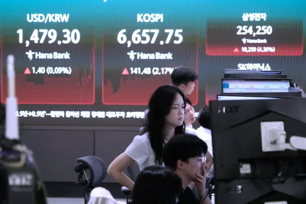 متداولون في بورصة كوريا الجنوبية يراقبون شاشات تعرض ارتفاع مؤشر Kospi وأسعار الأسهم المرتبطة بالذكاء الاصطناعي والرقائق.