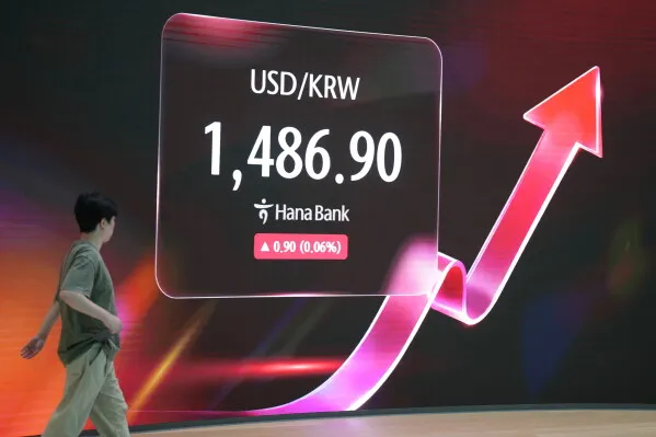 شاشة تعرض ارتفاع سعر صرف الدولار مقابل الوون الكوري مع سهم صاعد، مما يعكس انتعاش أسواق الأسهم الآسيوية المرتبطة بالذكاء الاصطناعي.
