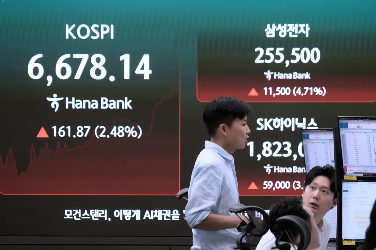 شاشة عرض لمؤشر Kospi الكوري الجنوبي وأسهم شركات سامسونج وSK Hynix ترتفع وسط نشاط في سوق الأسهم المرتبطة بالذكاء الاصطناعي.