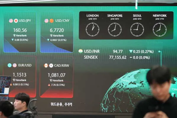 شاشة تعرض أسعار صرف العملات العالمية ومؤشرات الأسواق المالية، مع وجود أشخاص في المقدمة، تعكس نشاط الأسواق الآسيوية بعد توقيع الاتفاقية الأمريكية-الإيرانية.