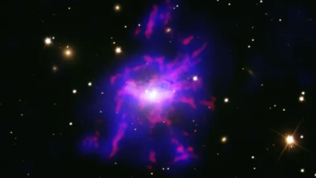 مجرة NGC 1275 في عنقود برشاوس تظهر نفاثات ثقب أسود هائل الكتلة مع انبعاثات أشعة سينية وراديوية متأخرة بنحو 300 يوم.