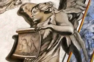 ملاك يحمل خريطة لإيطاليا في كنيسة سان لورينزو، يظهر تشابهًا مع رئيس الوزراء جيورجيا ميلوني، مما أثار جدلًا في إيطاليا.