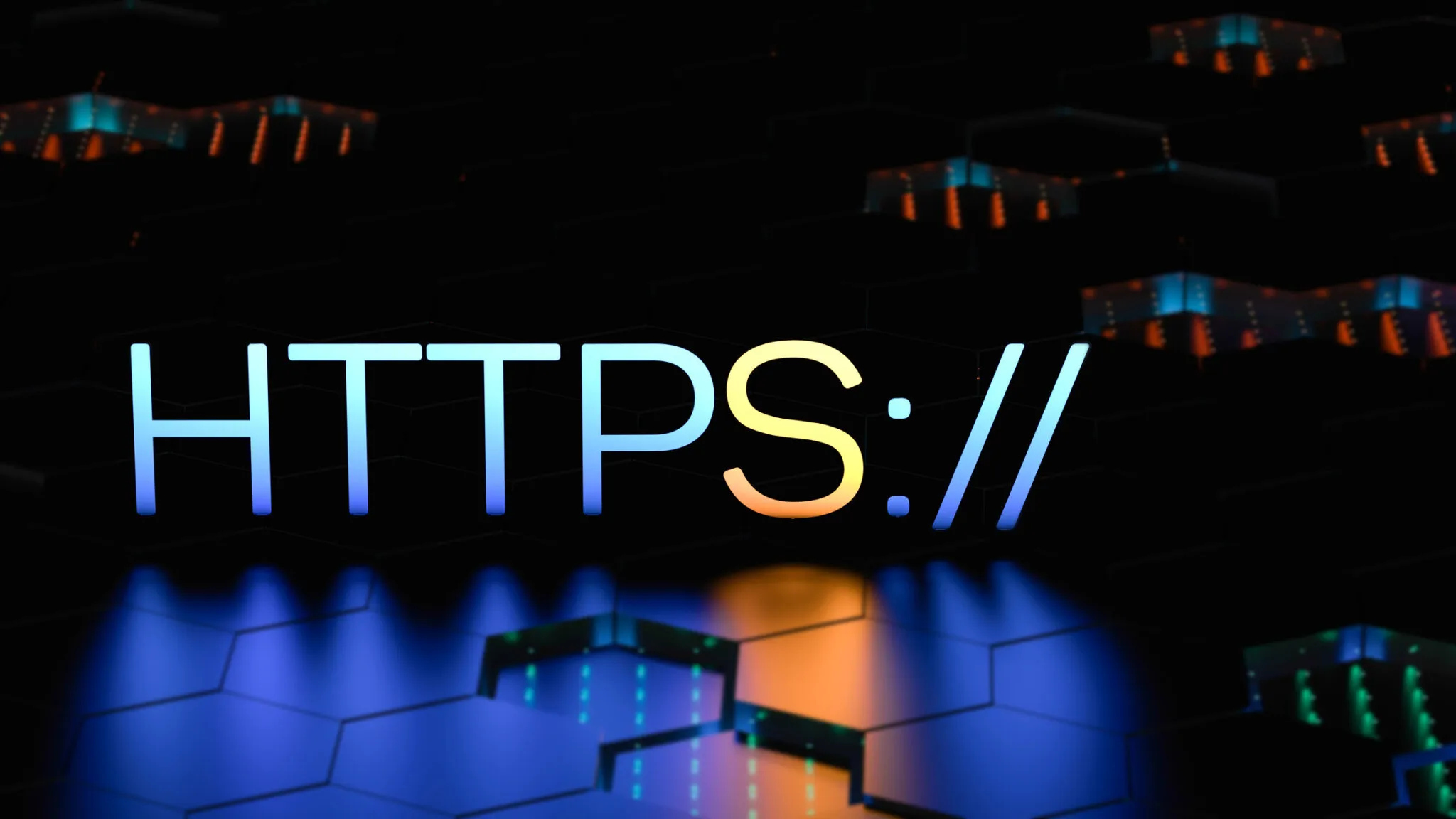 شعار HTTPS مضاء بألوان زرقاء وبرتقالية يعكس أهمية شهادات TLS وتأمين المواقع في ظل تطورات الحوسبة الكمومية.