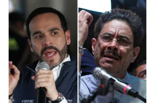 صورة تظهر المرشحين إيفان سيبيدا وأبيلاردو دي لا إسبرييا خلال الحملة الانتخابية الرئاسية في كولومبيا، مع التركيز على التوترات السياسية.
