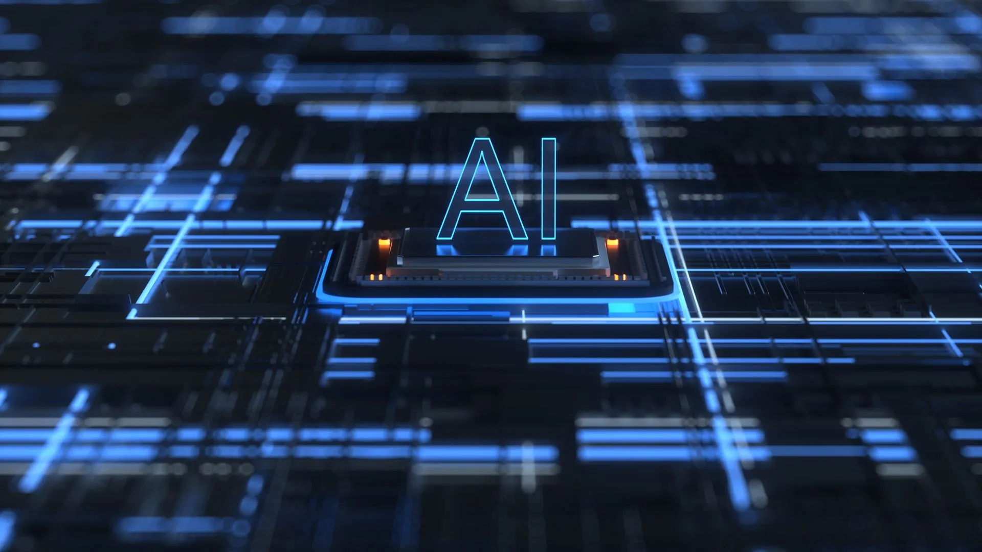 رقاقة إلكترونية متقدمة مضيئة بكلمة "AI" تعبر عن الذكاء الاصطناعي وتطوير أنظمة تحسين ذاتي تكراري.