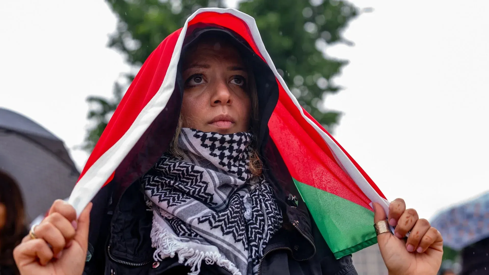 امرأة ترتدي الشال الفلسطيني وتحمل علم فلسطين، تعبر عن تضامنها خلال تظاهرة تتعلق بالقضية الفلسطينية.