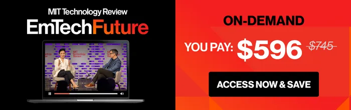 شاشة تعرض عرض مؤتمر EmTech Future 2026 مع سعر الاشتراك 596 دولارًا للوصول إلى محتوى الذكاء الاصطناعي والتقنية حسب الطلب.