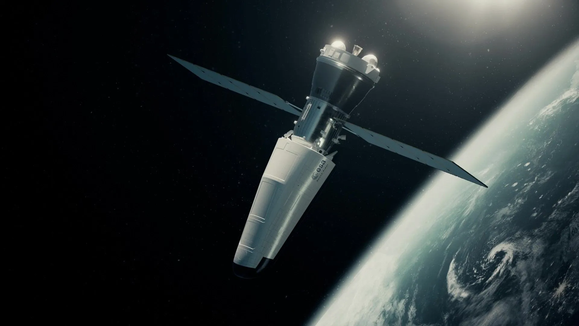 مركبة Space Rider الأوروبية غير المأهولة في المدار الأرضي مع الأرض في الخلفية، تمثل مشروع ESA لإعادة الاستخدام الفضائي.
