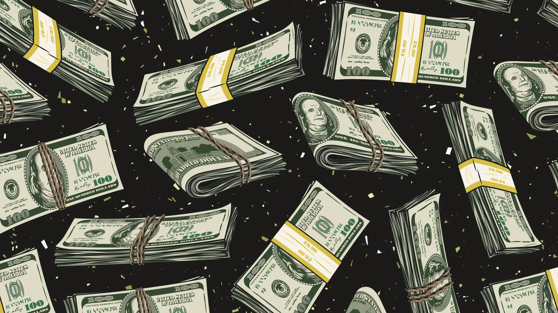 أكوام من أوراق الدولار الأمريكي المتراصة مع خلفية سوداء تعبر عن تدفق الأموال والاستثمارات الكبيرة في قطاع الذكاء الاصطناعي من قبل مكاتب العائلات الثرية.