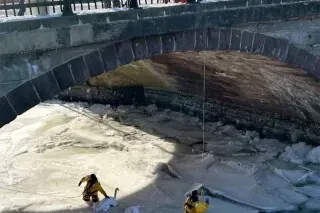 رجال الإطفاء في ولاية كونيتيكت ينقذون بجعة عالقة في نهر متجمد، مستخدمين الحبال والدعامات في عملية الإنقاذ.