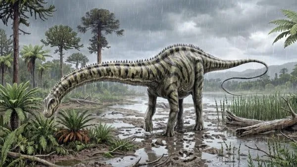 ديناصور Diplodocus العملاق ذو العنق الطويل يمشي في بيئة مستنقعية مطرية في شرق إسبانيا خلال العصر الجوراسي.