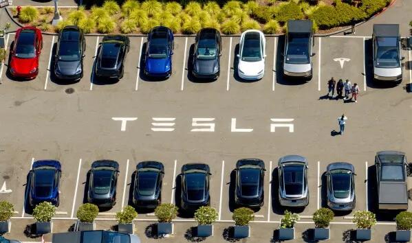 صف من سيارات تسلا الكهربائية في موقف سيارات، مع وجود مجموعة من الأشخاص بالقرب من علامة "TESLA" الكبيرة على الأرض.