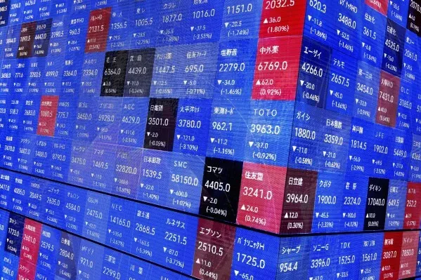 شاشة تعرض أسعار الأسهم وتغيراتها في الأسواق المالية، تعكس حالة عدم اليقين الاقتصادي وتأثير الرسوم الجمركية.