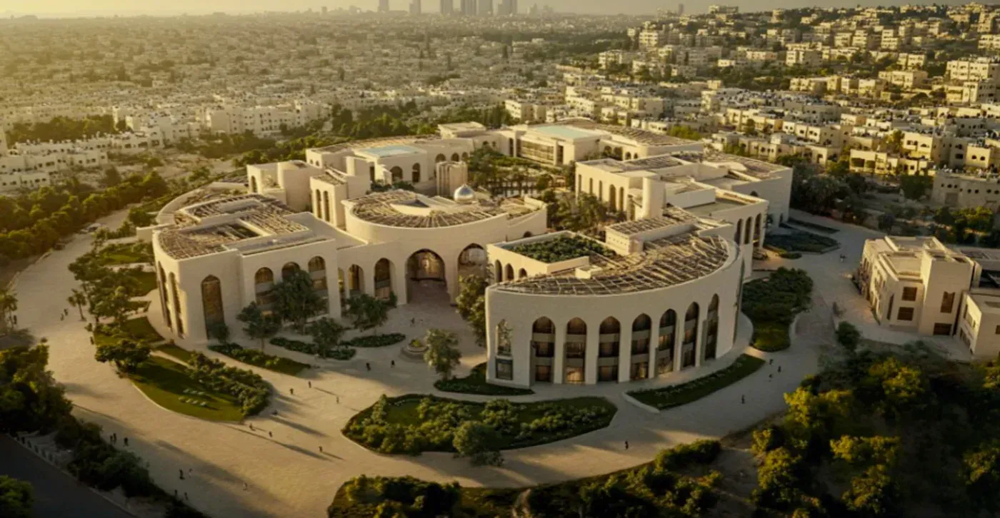 تصميم معماري حديث لمجمع يتضمن عناصر من التراث الفلسطيني، مع مساحات خضراء ومرافق متعددة الاستخدامات، يعكس رؤية إعادة إعمار غزة.