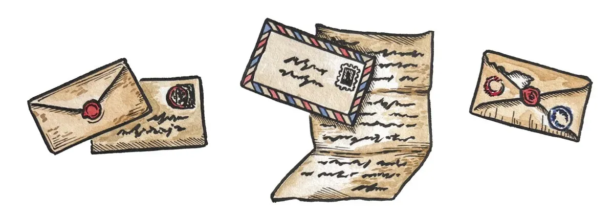 مجموعة من الرسائل والأظرف القديمة، تعكس ذكريات تاريخية وتجارب شخصية، تمثل أهمية الذكريات في مواجهة فقدان المقتنيات.