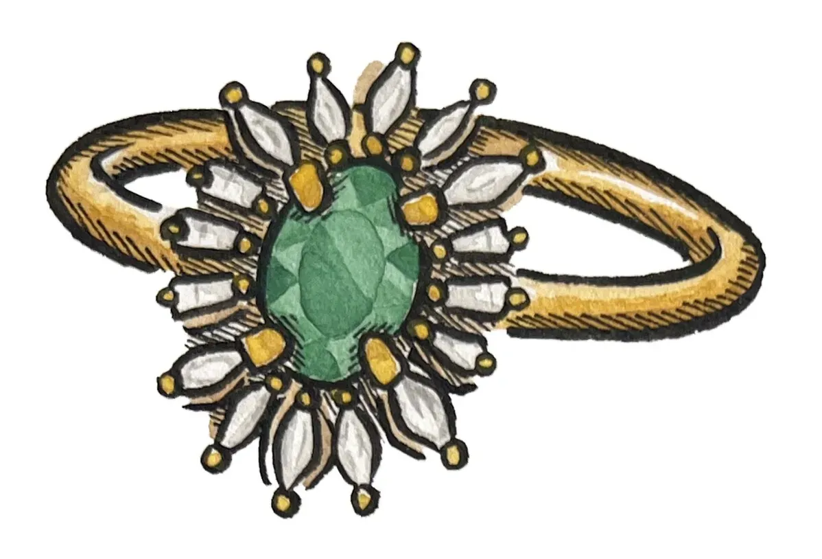 خاتم مذهب مزين بحجر أخضر وبقطع لؤلؤية حوله، يرمز لذكريات عائلية وقيمة عاطفية.