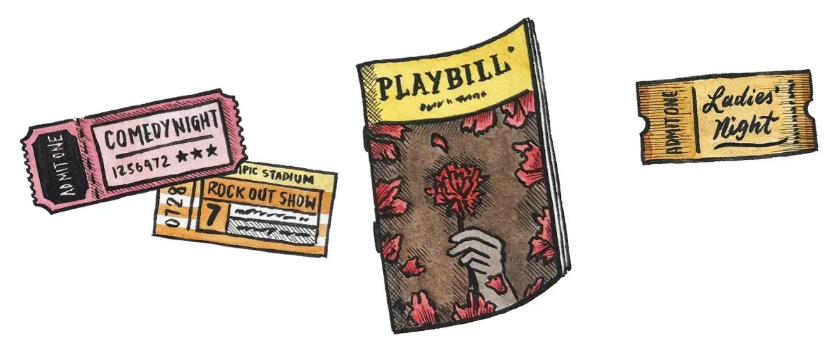 تذاكر لحفلات وأحداث سابقة، من بينها تذكرة ليلة كوميدية و"بلاي بيل" تعرض أحداثًا مسرحية، تمثل ذكريات ماضية.
