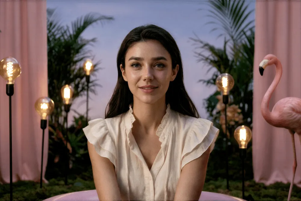 ممثلة اصطناعية شابة تجلس في استوديو مزين بالنباتات وأضواء دافئة، تمثل شخصية Tilly Norwood في نقاش حول الذكاء الاصطناعي والتمثيل السينمائي.