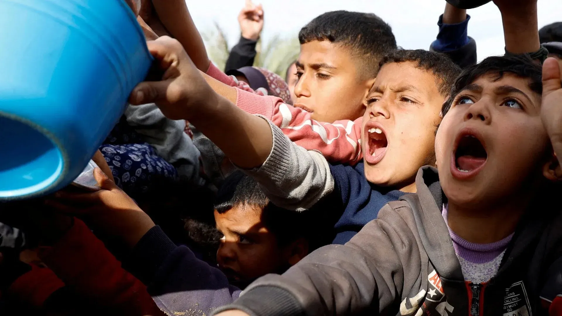 أطفال فلسطينيون في غزة يتجمعون حول دلو للحصول على المساعدة، معبرين عن الحاجة الملحة وسط ظروف إنسانية صعبة.