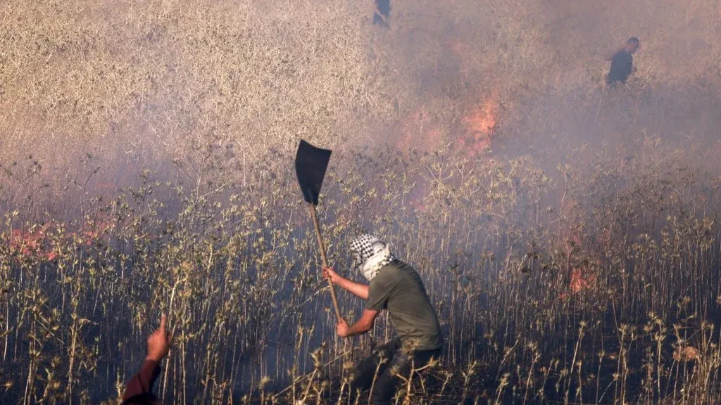 شاب فلسطيني يطفئ حريقًا في مزرعة وسط دخان كثيف، في سياق التوترات حول البؤر الاستيطانية غير القانونية في الضفة الغربية.