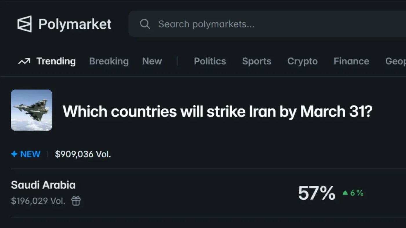 واجهة موقع "Polymarket" تعرض رهانًا حول الدول التي ستهاجم إيران بحلول 31 مارس، مع تفاصيل عن حجم الرهانات ونسبة الاحتمالات.