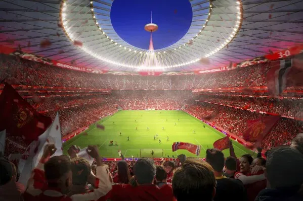 تصميم تخيلي لملعب مانشستر يونايتد الجديد الذي يتسع لـ 100,000 متفرج، مع أجواء حماسية ومشجعين يرتدون ألوان النادي.