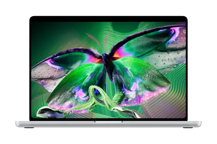 حاسوب MacBook Pro بشاشة لمس جديدة مع عرض ألوان حيوي وتصميم نحيف يدعم تقنية PROLED XDR من آبل.