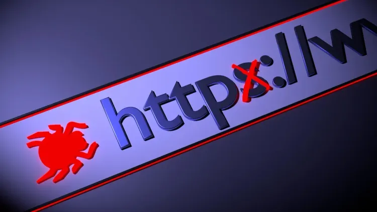 شريط عنوان متصفح يظهر بروتوكول http مع رمز حشرة حمراء تعبيراً عن تهديد أمني وثغرات في شهادات TLS وانتحال النطاقات.