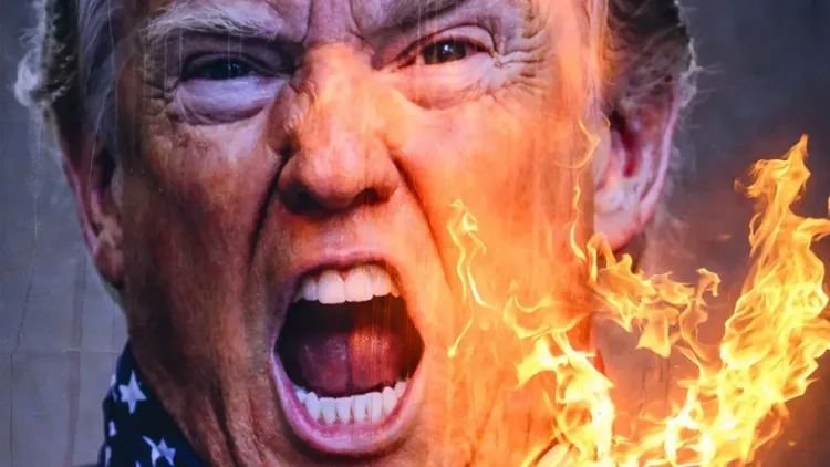 صورة تظهر وجه رجل غاضب يتحدث بصوت عالٍ، مع لهب يلتف حوله، مما يعكس التوتر السياسي والاحتجاجات.