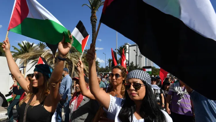 متظاهرون في تونس يرفعون الأعلام الفلسطينية خلال احتجاجات دعم غزة وسط أجواء سياسية واقتصادية متوترة في البلاد.