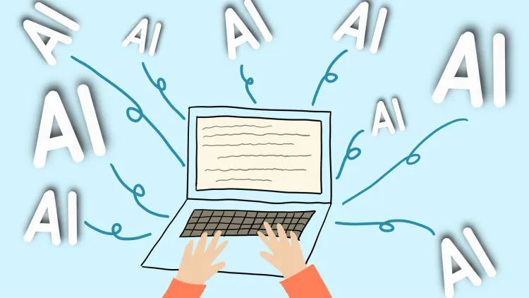 يدان تكتبان على لوحة مفاتيح حاسوب محمول مع ظهور رموز "AI" تشير إلى الذكاء الاصطناعي وتأثيره على الاعتماد والتحفيز في التعلم.