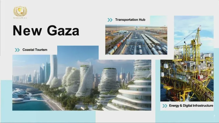 تصميم تخيلي لمشروع "غزة الجديدة" يشمل السياحة الساحلية، مركز نقل حديث، وبنية تحتية للطاقة والرقمنة ضمن خطة إعادة إعمار غزة.