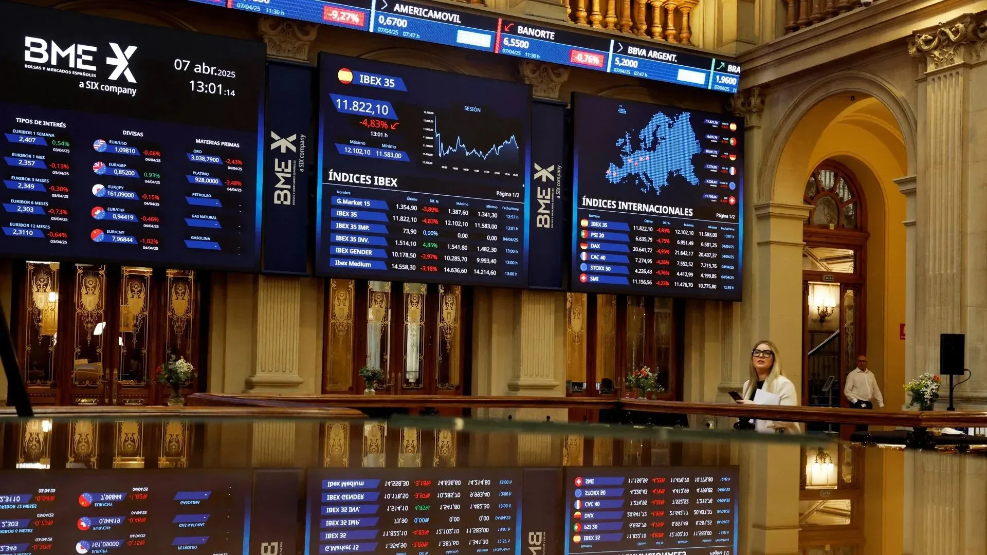 تظهر الشاشة الرقمية في بورصة الأسهم تعرض مؤشرات السوق، مع انخفاضات ملحوظة في الأسعار، مما يعكس تأثير الرسوم الجمركية وانخفاض أسعار النفط.
