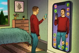 رجل يستخدم تطبيق تتبع التغذية على هاتفه مع رموز ألعاب تحفيزية على مرآة تعكس صورته، تعبيراً عن تأثير الألعاب في تحفيز المستخدمين.