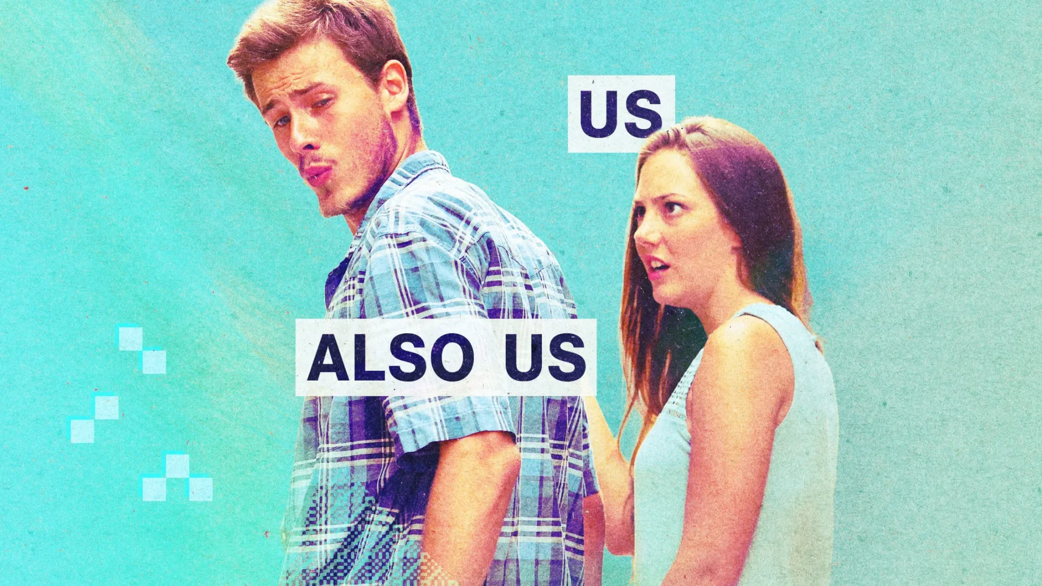 شاب ينظر بانتباه نحو جهة أخرى بينما تحاول فتاة لفت انتباهه، مع عبارات "US" و"ALSO US" تعبر عن التناقض في مشاعر استخدام الذكاء الاصطناعي.