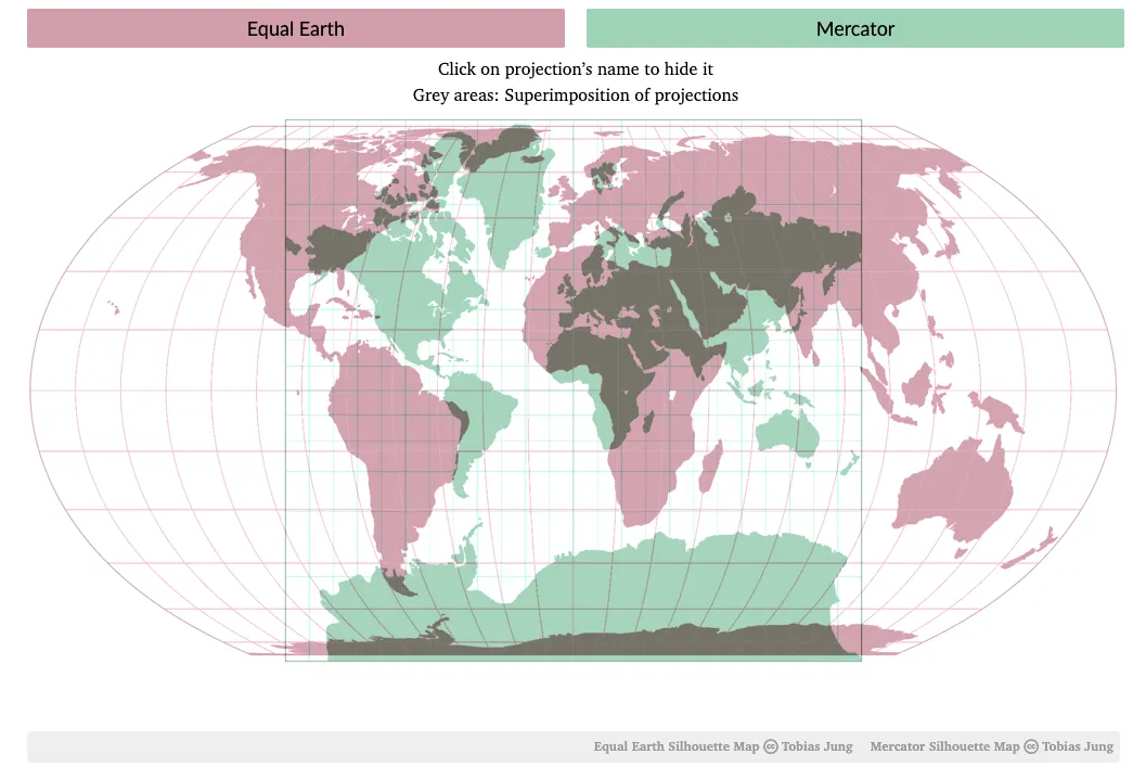 خريطة توضح الفرق بين إسقاط Equal Earth الذي يحافظ على نسب المساحات الحقيقية، وإسقاط Mercator الذي يشوه حجم القارات خاصة في المناطق البعيدة عن خط الاستواء.