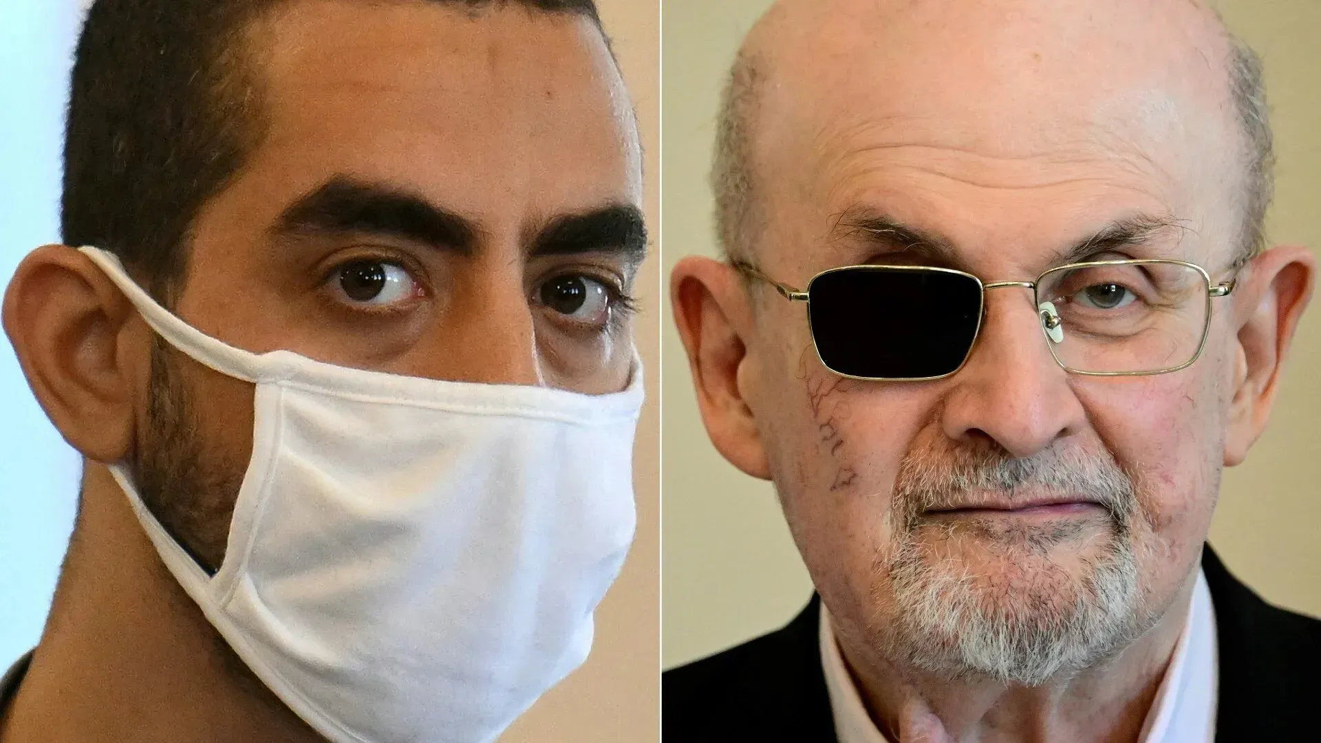 هادي مطر، المعتدي على سلمان رشدي، يظهر في الصورة مع آثار الهجوم، بينما رشدي يرتدي نظارات وقائية بعد إصابته.