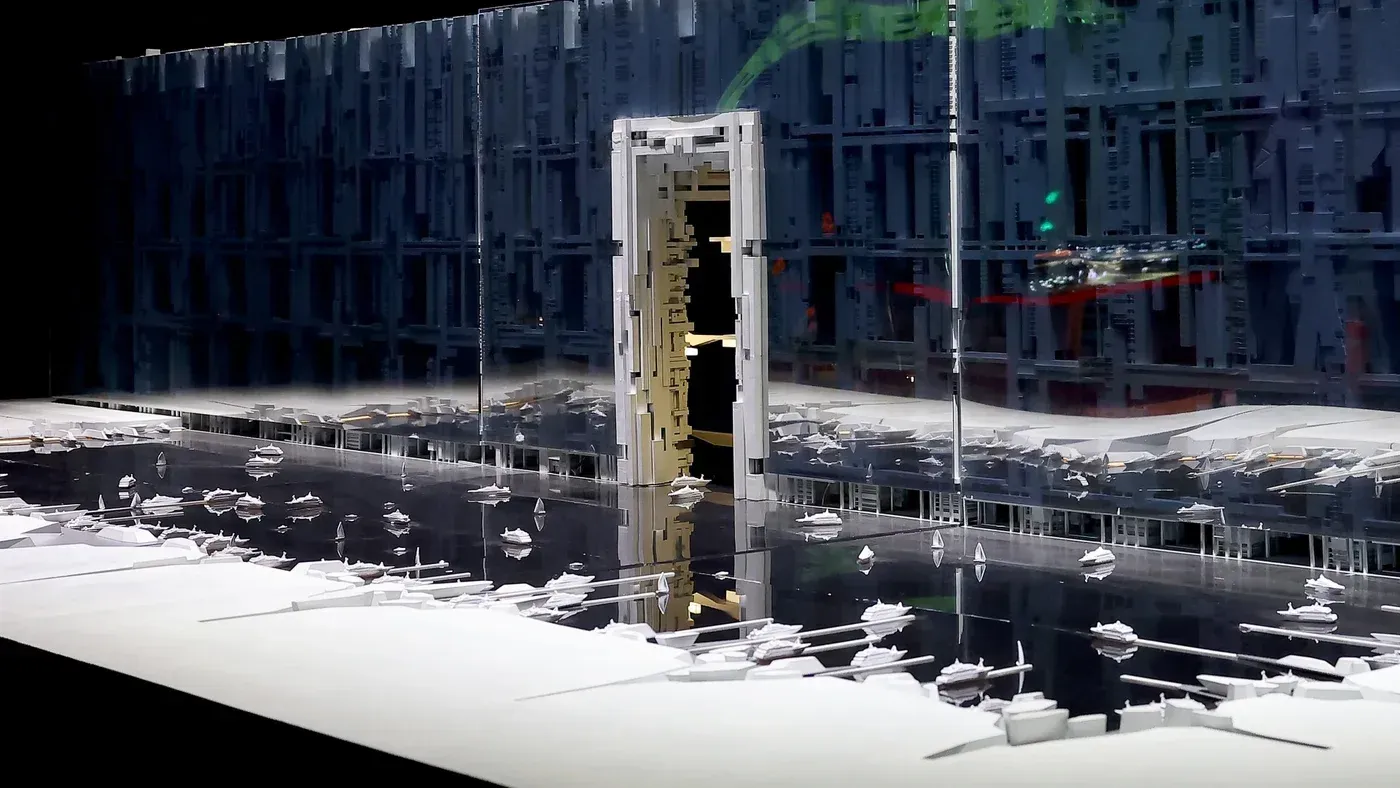 نموذج هندسي لمشروع \"نيوم\" السعودي، يظهر تصميم المدينة المستقبلية مع ممرات مائية وسفن، يعكس جهود تنويع الاقتصاد الوطني.