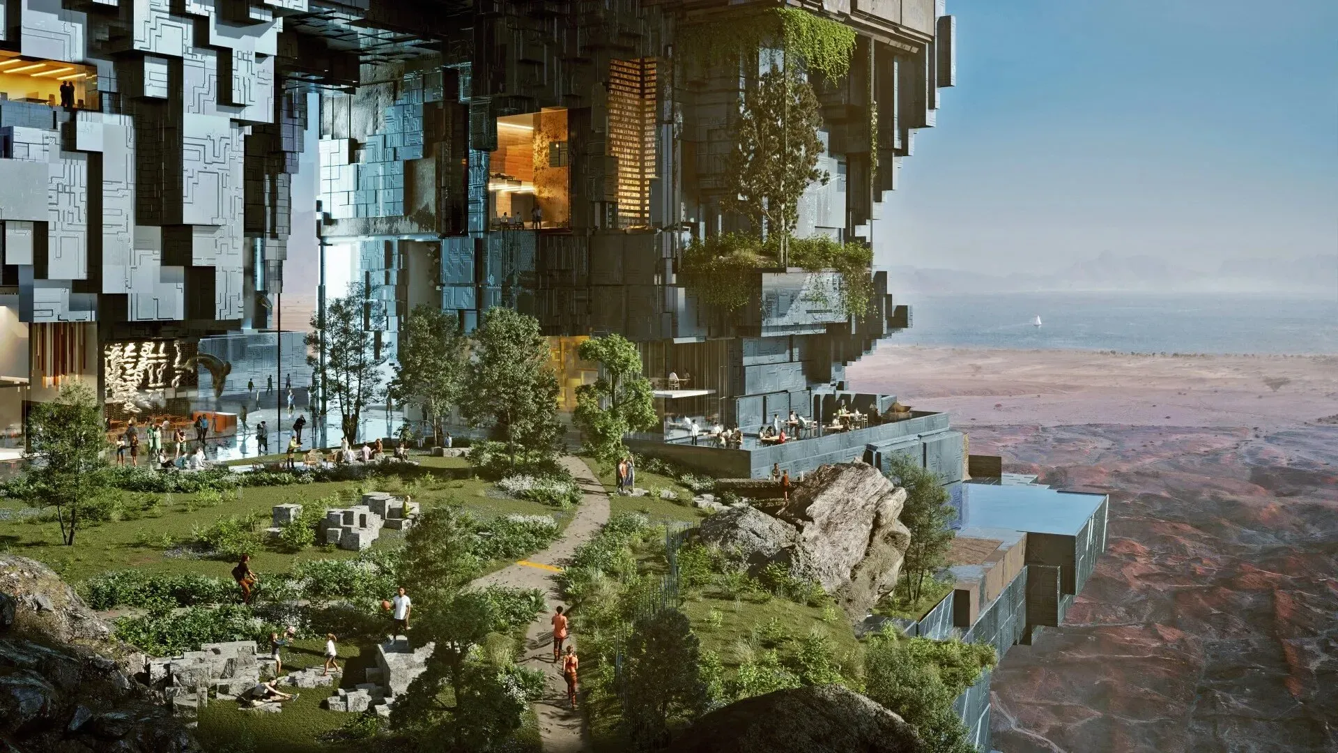 مشهد لمشروع نيوم المستقبلي، يظهر تصميمًا معمارياً مبتكرًا مع مساحات خضراء وحدائق، يعكس طموحات المملكة العربية السعودية في التنوع الاقتصادي.