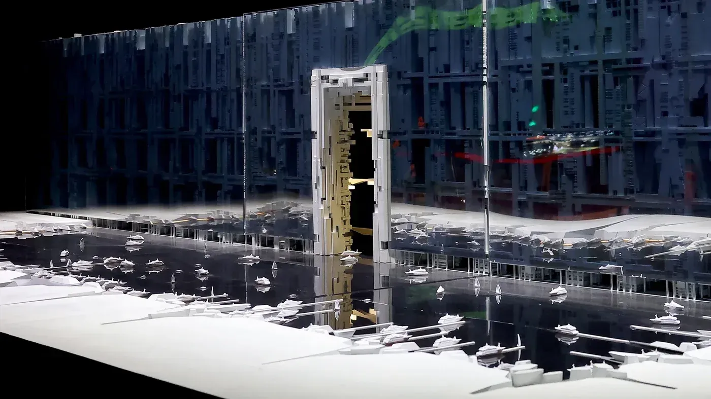 نموذج لمشروع مدينة نيوم، يظهر تصميمًا معمارياً حديثًا يتضمن ممرات مائية ومرافق مستقبلية، يعكس التوجهات الجديدة للمشروع.